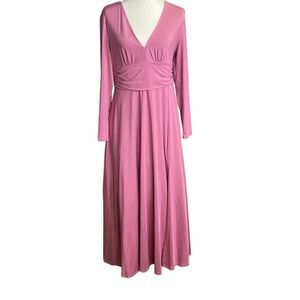 Anrabes Mauve Pink Long Sleeve Maxi Deep V Neck Front Slit Dress Sz Large